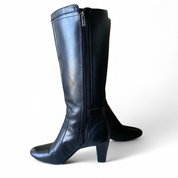 Anne Klein Black Leather Heeled Boots Knee High AKGAELYN 3” Heel Zipper Closure - Picture 4 of 9